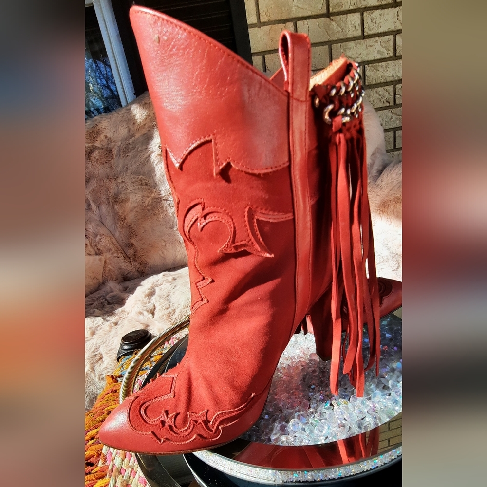 ZARA red suede fringe chain western bootie